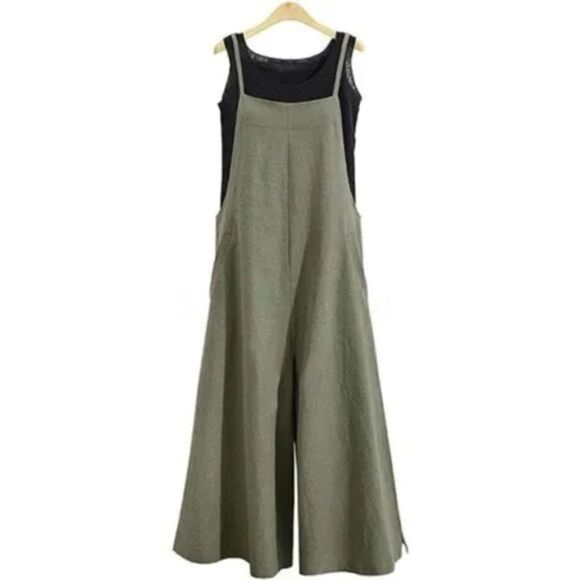 New Long Rompers Wide Leg Baggy Bibs Overalls Jumpsuits, Green - Picture 3 of 6